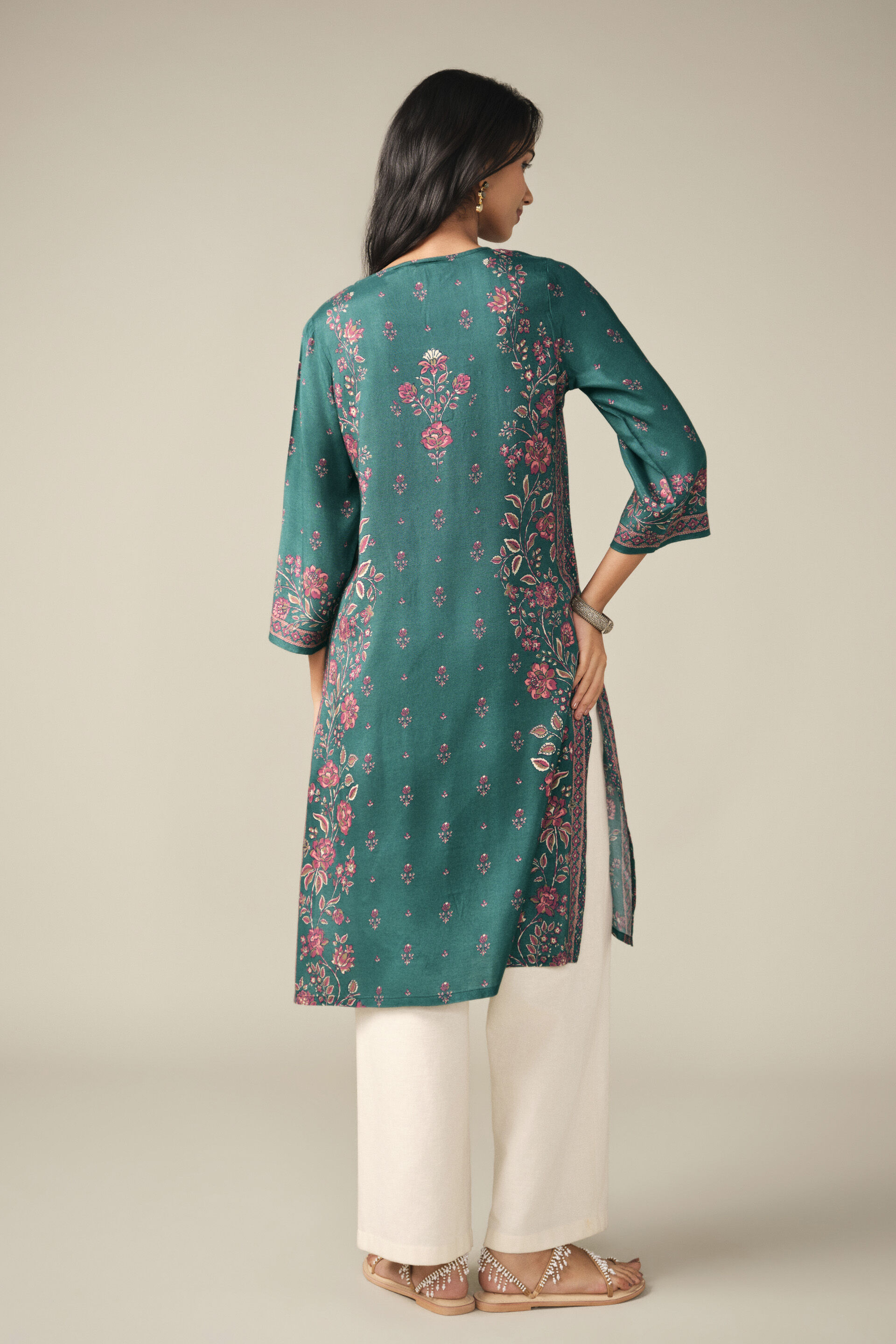 Floral Print Kurta in Green, Green, image 6